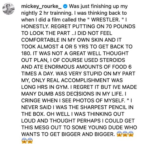 Mickey Rourke took to social media to share how he really trained for "The Wrestler."