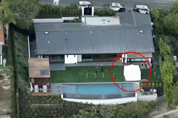 Aerial view of a white tent in Matthew Perry's backyard with first responders present, following his tragic death in a hot tub